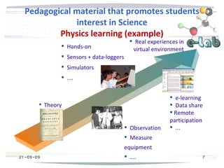 21 -09-09
Pedagogical material that promotes students
interest in Science
Physics learning (example)
21 -09-09 7
 Theory
 Observation
 Measure
equipment
 ....
 Hands-on
 Sensors + data-loggers
 Simulators
 ....
 Real experiences in
virtual environment
 e-learning
 Data share
 Remote
participation
 ...
 