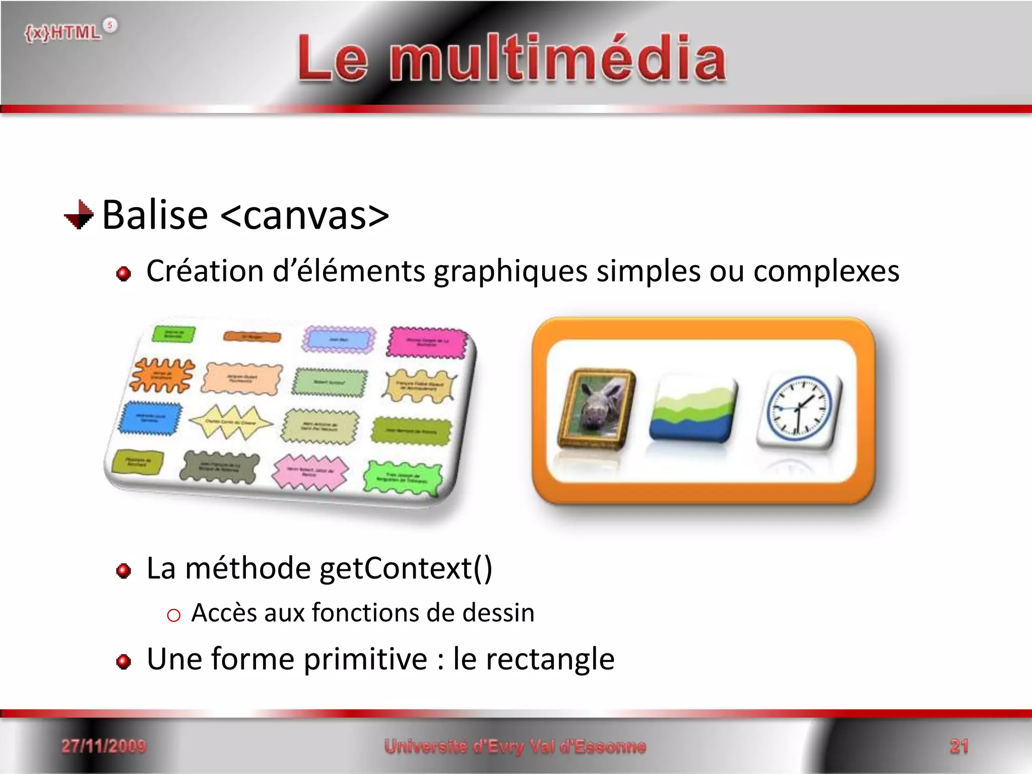 Le multimédiaBalise <canvas>Création d’éléments graphiques simples ou complexesLa méthode getContext()Accès aux fonctions de dessinUne forme primitive : le rectangle15/06/2008Université d'Evry Val d'Essonne21