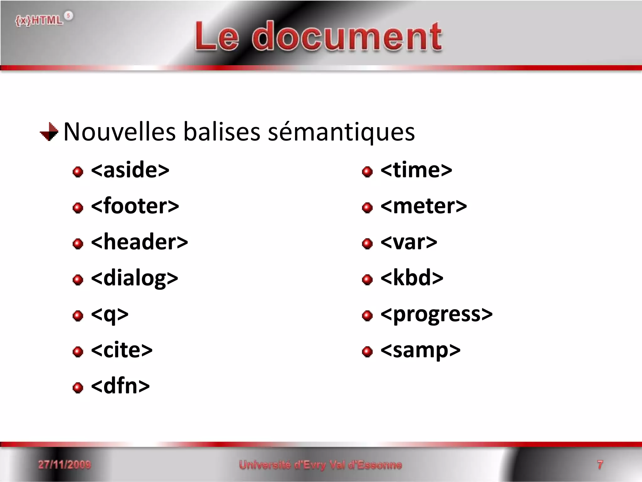 Le documentNouvelles balises sémantiques<aside><footer><header><dialog><q><cite><dfn>15/06/2008Université d'Evry Val d'Essonne7<time><meter><var><kbd><progress><samp>