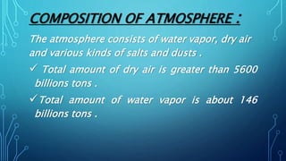 COMPOSITION OF ATMOSPHERE :
The atmosphere consists of water vapor, dry air
and various kinds of salts and dusts .
 Total amount of dry air is greater than 5600
billions tons .
Total amount of water vapor is about 146
billions tons .
 