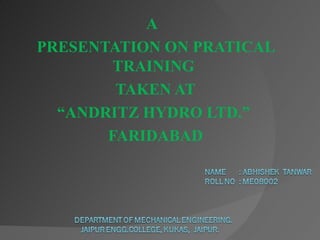 A
PRESENTATION ON PRATICAL
        TRAINING
        TAKEN AT
  “ANDRITZ HYDRO LTD.”
       FARIDABAD
 