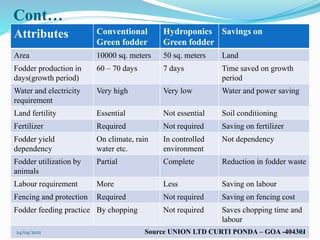 Cont…
Attributes Conventional
Green fodder
Hydroponics
Green fodder
Savings on
Area 10000 sq. meters 50 sq. meters Land
Fodder production in
days(growth period)
60 – 70 days 7 days Time saved on growth
period
Water and electricity
requirement
Very high Very low Water and power saving
Land fertility Essential Not essential Soil conditioning
Fertilizer Required Not required Saving on fertilizer
Fodder yield
dependency
On climate, rain
water etc.
In controlled
environment
Not dependency
Fodder utilization by
animals
Partial Complete Reduction in fodder waste
Labour requirement More Less Saving on labour
Fencing and protection Required Not required Saving on fencing cost
Fodder feeding practice By chopping Not required Saves chopping time and
labour
Source UNION LTD CURTI PONDA – GOA -404301
24/04/2021 10
 