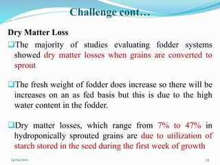Challenge cont…
Dry Matter Loss
The majority of studies evaluating fodder systems
showed dry matter losses when grains are converted to
sprout
The fresh weight of fodder does increase so there will be
increases on an as fed basis but this is due to the high
water content in the fodder.
Dry matter losses, which range from 7% to 47% in
hydroponically sprouted grains are due to utilization of
starch stored in the seed during the first week of growth
24/04/2021 33
 