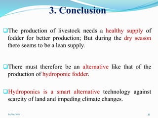 3. Conclusion
The production of livestock needs a healthy supply of
fodder for better production; But during the dry season
there seems to be a lean supply.
There must therefore be an alternative like that of the
production of hydroponic fodder.
Hydroponics is a smart alternative technology against
scarcity of land and impeding climate changes.
24/04/2021 35
 