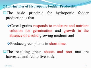 2.2. Principles of Hydroponic Fodder Production
The basic principle for hydroponic fodder
production is that
Cereal grains responds to moisture and nutrient
solution for germination and growth in the
absence of a solid growing medium and
Produce green plants in short time.
The resulting green shoots and root mat are
harvested and fed to livestock.
24/04/2021 7
 