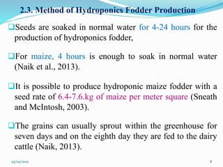2.3. Method of Hydroponics Fodder Production
Seeds are soaked in normal water for 4-24 hours for the
production of hydroponics fodder,
For maize, 4 hours is enough to soak in normal water
(Naik et al., 2013).
It is possible to produce hydroponic maize fodder with a
seed rate of 6.4-7.6.kg of maize per meter square (Sneath
and McIntosh, 2003).
The grains can usually sprout within the greenhouse for
seven days and on the eighth day they are fed to the dairy
cattle (Naik, 2013).
24/04/2021 8
 
