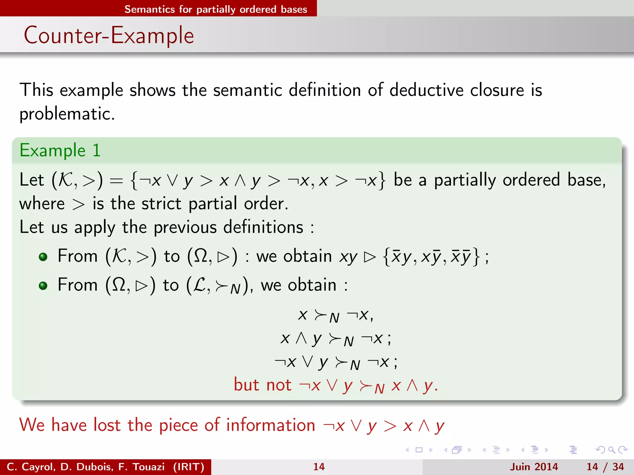 Semantics for partially ordered bases
Counter-Example
This example shows the semantic deﬁnition of deductive closure is
problematic.
Example 1
Let (K, >) = {¬x ∨ y > x ∧ y > ¬x, x > ¬x} be a partially ordered base,
where > is the strict partial order.
Let us apply the previous deﬁnitions :
From (K, >) to (Ω, ) : we obtain xy {¯xy, x¯y, ¯x¯y} ;
From (Ω, ) to (L, N), we obtain :
x N ¬x,
x ∧ y N ¬x ;
¬x ∨ y N ¬x ;
but not ¬x ∨ y N x ∧ y.
We have lost the piece of information ¬x ∨ y > x ∧ y
C. Cayrol, D. Dubois, F. Touazi (IRIT) 14 Juin 2014 14 / 34
 