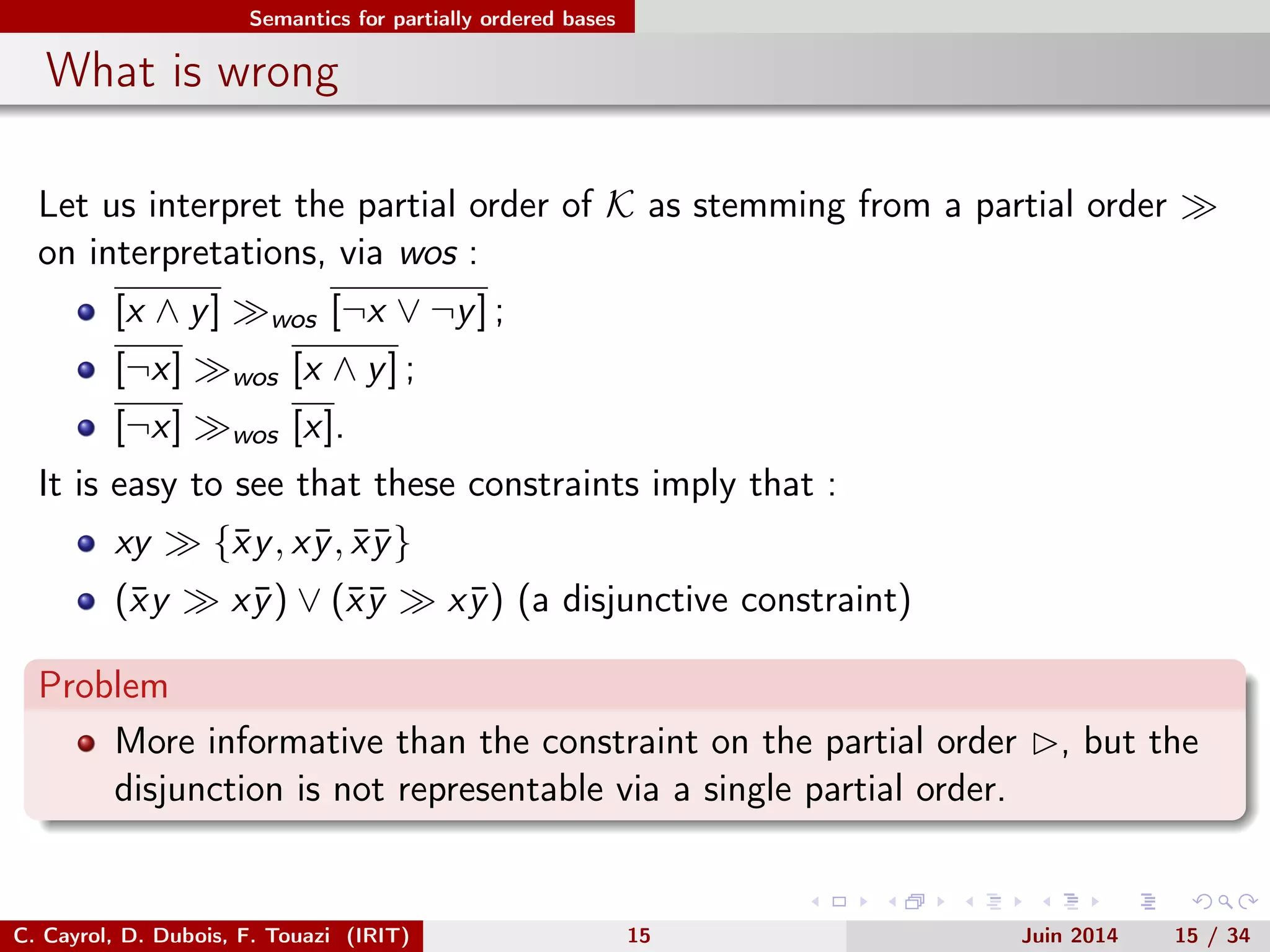 Semantics for partially ordered bases
What is wrong
Let us interpret the partial order of K as stemming from a partial order
on interpretations, via wos :
[x ∧ y] wos [¬x ∨ ¬y] ;
[¬x] wos [x ∧ y] ;
[¬x] wos [x].
It is easy to see that these constraints imply that :
xy {¯xy, x¯y, ¯x¯y}
(¯xy x¯y) ∨ (¯x¯y x¯y) (a disjunctive constraint)
Problem
More informative than the constraint on the partial order , but the
disjunction is not representable via a single partial order.
C. Cayrol, D. Dubois, F. Touazi (IRIT) 15 Juin 2014 15 / 34
 