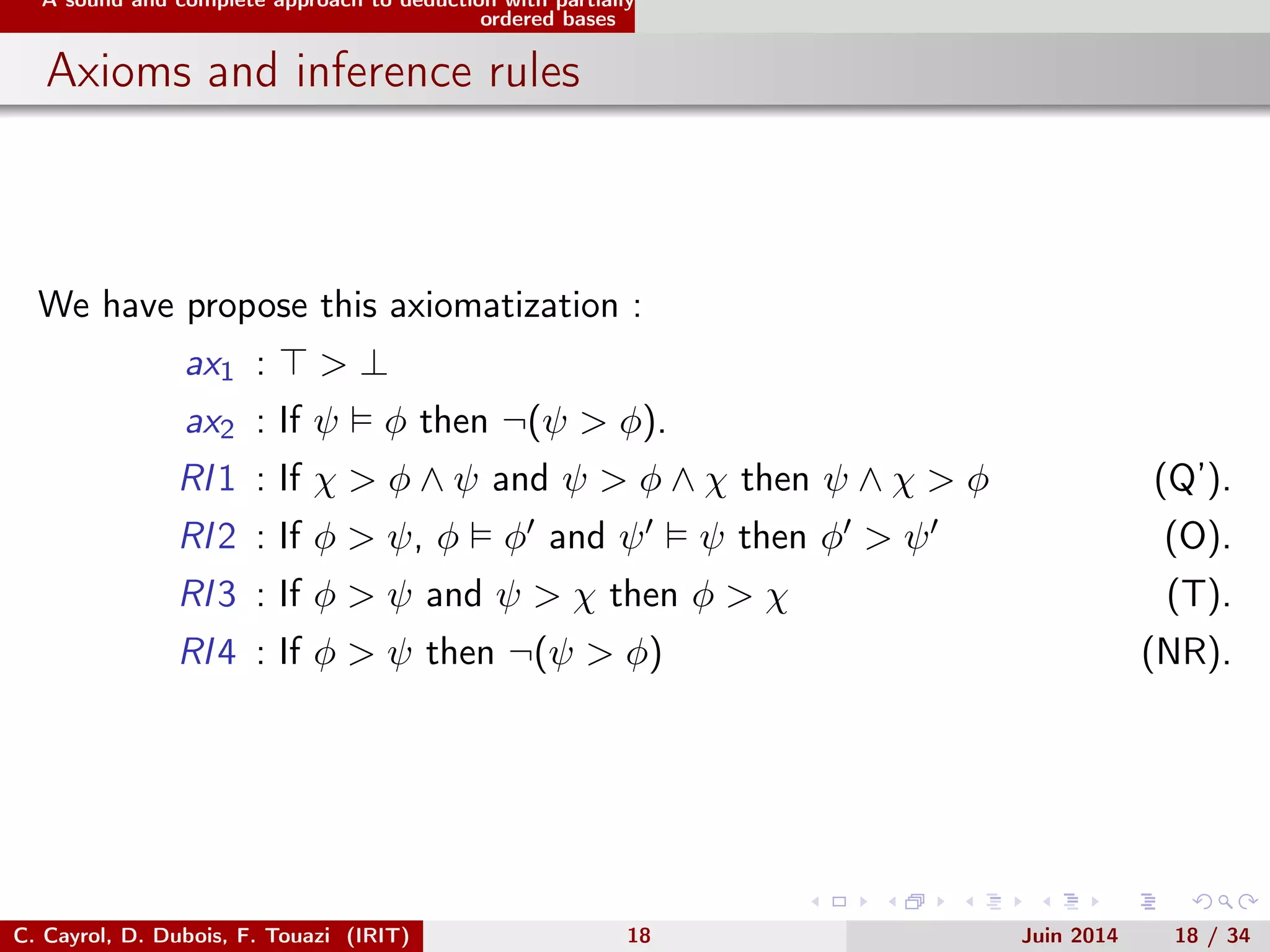 A sound and complete approach to deduction with partially
ordered bases
Axioms and inference rules
We have propose this axiomatization :
ax1 : > ⊥
ax2 : If ψ φ then ¬(ψ > φ).
RI1 : If χ > φ ∧ ψ and ψ > φ ∧ χ then ψ ∧ χ > φ (Q’).
RI2 : If φ > ψ, φ φ and ψ ψ then φ > ψ (O).
RI3 : If φ > ψ and ψ > χ then φ > χ (T).
RI4 : If φ > ψ then ¬(ψ > φ) (NR).
C. Cayrol, D. Dubois, F. Touazi (IRIT) 18 Juin 2014 18 / 34
 