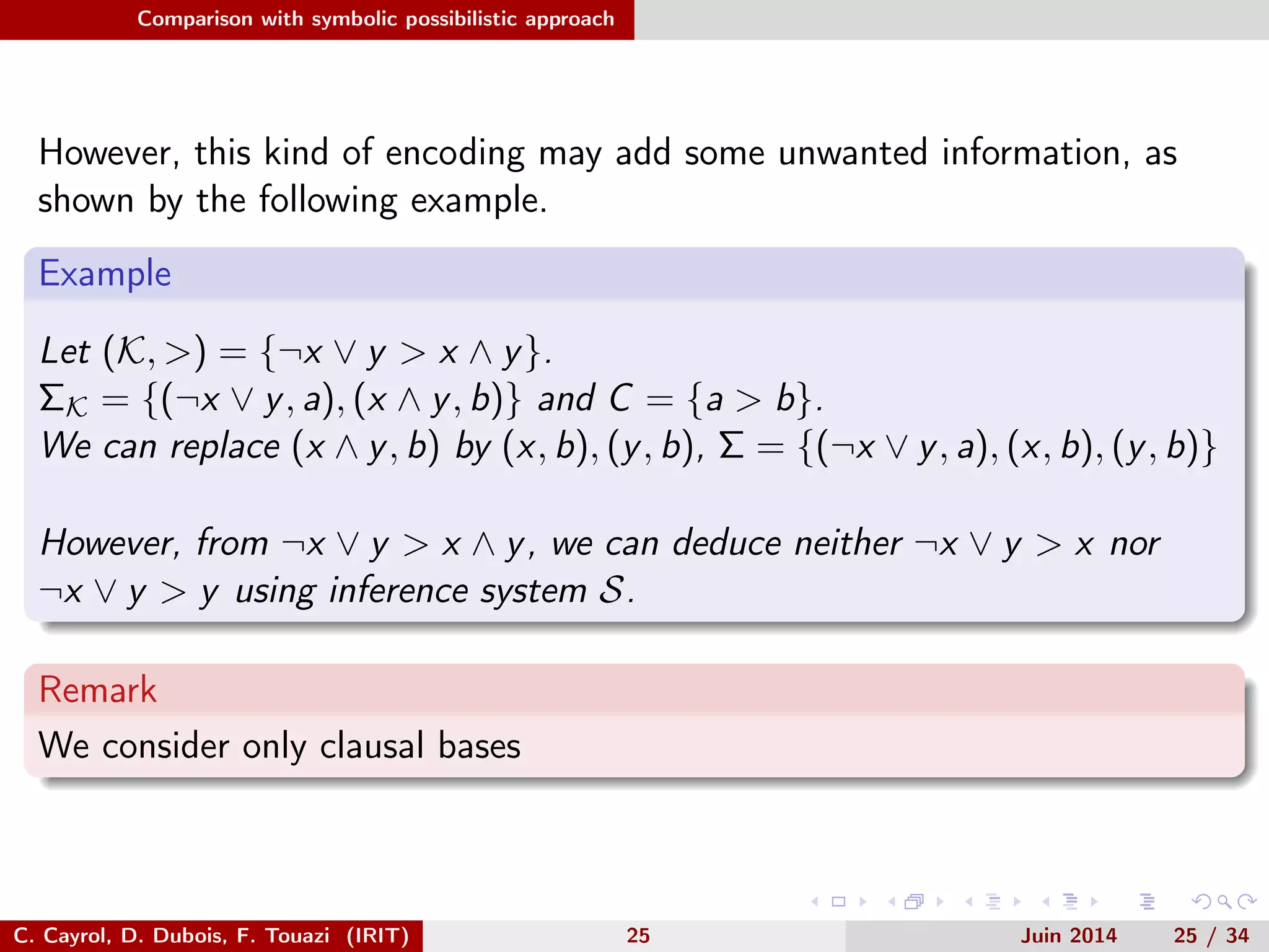 Comparison with symbolic possibilistic approach
However, this kind of encoding may add some unwanted information, as
shown by the following example.
Example
Let (K, >) = {¬x ∨ y > x ∧ y}.
ΣK = {(¬x ∨ y, a), (x ∧ y, b)} and C = {a > b}.
We can replace (x ∧ y, b) by (x, b), (y, b), Σ = {(¬x ∨ y, a), (x, b), (y, b)}
However, from ¬x ∨ y > x ∧ y, we can deduce neither ¬x ∨ y > x nor
¬x ∨ y > y using inference system S.
Remark
We consider only clausal bases
C. Cayrol, D. Dubois, F. Touazi (IRIT) 25 Juin 2014 25 / 34
 