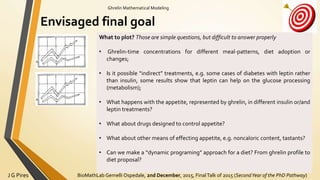 BioMathLab Gemelli Ospedale, 2nd December, 2015, FinalTalk of 2015 (SecondYear of the PhD Pathway)J G Pires
Ghrelin Mathematical Modeling
Envisaged final goal
What to plot? Those are simple questions, but difficult to answer properly
• Ghrelin-time concentrations for different meal-patterns, diet adoption or
changes;
• Is it possible “indirect” treatments, e.g. some cases of diabetes with leptin rather
than insulin, some results show that leptin can help on the glucose processing
(metabolism);
• What happens with the appetite, represented by ghrelin, in different insulin or/and
leptin treatments?
• What about drugs designed to control appetite?
• What about other means of effecting appetite, e.g. noncaloric content, tastants?
• Can we make a “dynamic programing” approach for a diet? From ghrelin profile to
diet proposal?
 