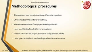 BioMathLab Gemelli Ospedale, 2nd December, 2015, FinalTalk of 2015 (SecondYear of the PhD Pathway)J G Pires
Ghrelin Mathematical Modeling
Methodological procedures
• The equations have been just ordinary differential equations;
• Ghrelin has been the center of everything;
• All the data used comes from papers already published;
• I have used Matlab/Simulink for my simulations;
• The simulation did not require expressive computational efforts;
• I have given an emphasis on physiology rather than mathematics.
 