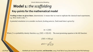 BioMathLab Gemelli Ospedale, 2nd December, 2015, FinalTalk of 2015 (SecondYear of the PhD Pathway)J G Pires
Ghrelin Mathematical Modeling
Model 1: the scaffolding
Key-points for the mathematical model
Feeding is done on given times, deterministic: it means that we want to replicate the classical meal experiments,
e.g. three meals a day (*);
A potential simulation is to consider stochastic feeding patterns. Each meal time is given by:
𝑚 = 𝑓(𝐻)
Where 𝑓 is a probability density function, e.g. 𝑓 𝐻 = 𝑈(0, 𝐻) The most promising equation is the hill function:
𝑓 𝐻 = 𝑈(0, 𝑔)
𝑔 𝑥 =
𝑥 𝑛
𝑘 𝑛 + 𝑥 𝑛
 