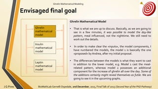 BioMathLab Gemelli Ospedale, 2nd December, 2015, FinalTalk of 2015 (SecondYear of the PhD Pathway)J G Pires
Ghrelin Mathematical Modeling
Envisaged final goal
Ghrelin
mathematical
model
Insulin
mathematical
model
Leptin
mathematical
model
Ghrelin Mathematical Model
• That is what we are up to discuss. Basically, as we are going to
see in a few minutes, it was possible to model the day-like
pattern, meal influenced, not the nighttime. We still need to
work out the details.
• In order to make clear the «inputs», the model components, I
have numbered the models, the model 1 is basically the one
«proposed» by Andrea, after my initial proposal.
• The differences between the models is what they want to cast
in addition to the lower model, e.g. Model 1 cast the meal-
related pattern, whereas model 2 possesses an additional
component for the increase of ghrelin all over the day. Some of
the additions certainly might reveal themselves as futile. We are
going to see it in the upcoming graphs.
 