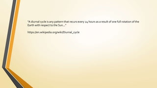 “A diurnal cycle is any pattern that recurs every 24 hours as a result of one full rotation of the
Earth with respect to the Sun...”
https://en.wikipedia.org/wiki/Diurnal_cycle
 