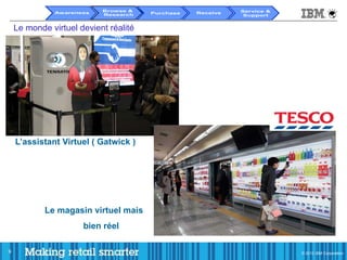 Awareness    Browse &                         Service &
                           Research    Purchase   Receive
                                                             Support


    Le monde virtuel devient réalité




    L’assistant Virtuel ( Gatwick )




            Le magasin virtuel mais
                      bien réel

9                                                                       © 2011 IBM Corporation
                                                                        © 2012 IBM Corporation
 