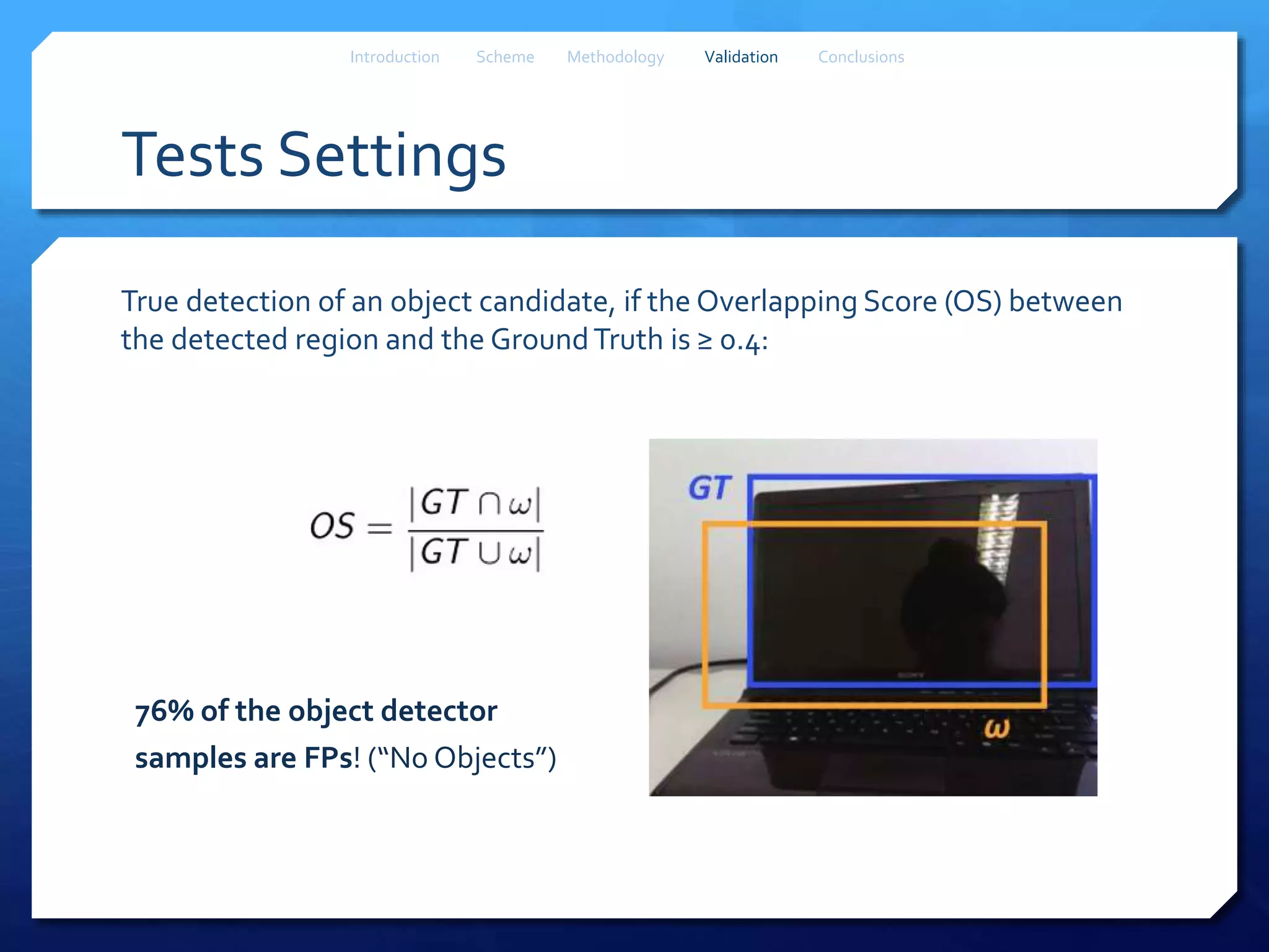 Tests Settings
True detection of an object candidate, if the Overlapping Score (OS) between
the detected region and the GroundTruth is ≥ 0.4:
76% of the object detector
samples are FPs! (“No Objects”)
Introduction Scheme Methodology Validation Conclusions
 