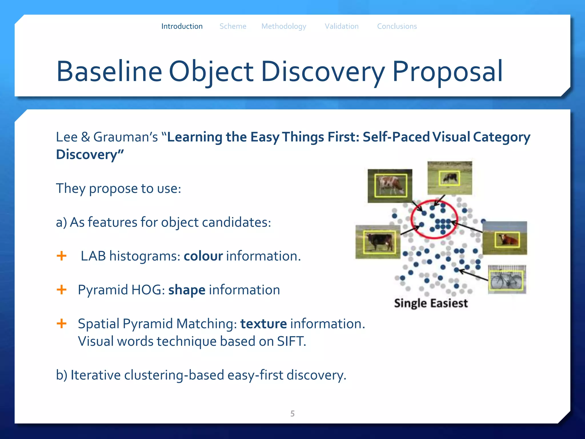 Baseline Object Discovery Proposal
Lee & Grauman’s “Learning the EasyThings First: Self-PacedVisual Category
Discovery”
They propose to use:
a) As features for object candidates:
 LAB histograms: colour information.
 Pyramid HOG: shape information
 Spatial Pyramid Matching: texture information.
Visual words technique based on SIFT.
b) Iterative clustering-based easy-first discovery.
5
Introduction Scheme Methodology Validation Conclusions
 