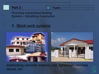 5. Block work systems
TypesPart 2 :
Promoting Industrialized Building
Systems – Simplifying Construction
Interlocking concrete masonry unit, lightweight concrete
blocks, etc
 