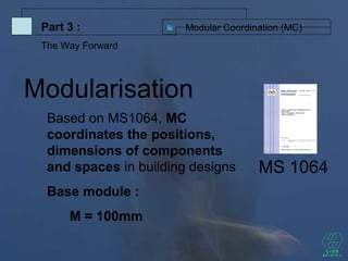 Based on MS1064, MC
coordinates the positions,
dimensions of components
and spaces in building designs
Base module :
M = 100mm
Modular Coordination (MC)Part 3 :
The Way Forward
Modularisation
MS 1064
 