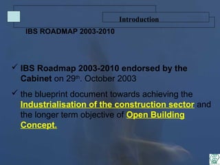  IBS Roadmap 2003-2010 endorsed by the
Cabinet on 29th
. October 2003
 the blueprint document towards achieving the
Industrialisation of the construction sector and
the longer term objective of Open Building
Concept.
IBS ROADMAP 2003-2010
Introduction
 