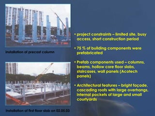 • project constraints – limited site, busy
access, short construction period
• 75 % of building components were
prefabricated
• Prefab components used – columns,
beams, hollow core floor slabs,
staircases, wall panels (Acotech
panels)
• Architectural features – bright façade,
cascading roofs with large overhangs,
internal pockets of large and small
courtyards
installation of precast column
installation of first floor slab on 02.05.03
 