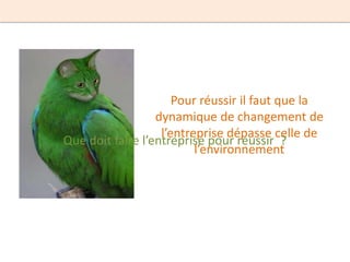Pour réussir il faut que la
                  dynamique de changement de
                   l’entreprise dépasse celle de
Que doit faire l’entreprise pour réussir ?
                          l’environnement
 