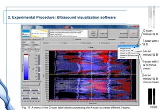 2. Experimental Procedure: Ultrasound visualization software


                                                                                                       C-scan
                                                                                                       minus I & B

                                                                                                       ∫-scan with I
                                                                                                       &B

                                                                                                       ∫-scan
                                                                                                       minus I & B

                                                                                                       ∫-scan with I
                                                                                                       & B minus
                                                                                                       mean

                                                                                                       ∫-scan
                                                                                                       minus I & B
                                                                                                       minus mean




       Fig. 17. A menu in the C-scan label allows processing the A-scan to create different ∫-scans.        10/20
 
