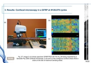 3. Results: Confocal microscopy in a GFRP at N=26,079 cycles



                                                        (b)
(a)




                                                        (c)




             Fig. 27. Image in (a) shows specimen GFRP-P031-40-710-16_3/6 being inspected by a
           Sensofar Plμ 2300 confocal microscope, in (b) and (c) two contiguous surface areas show a
                                   crack on the site of maximum bending stress.
                                                                                                       16/20
 