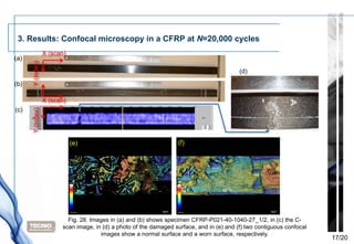 3. Results: Confocal microscopy in a CFRP at N=20,000 cycles
                  X (scan)
(a)
      Y (Index)




                                                                                            (d)
(b)

                  X (scan)
(c)
      Y (Index)




                             (e)                                     (f)




                           Fig. 28. Images in (a) and (b) shows specimen CFRP-P021-40-1040-27_1/2, in (c) the C-
                         scan image, in (d) a photo of the damaged surface, and in (e) and (f) two contiguous confocal
                                       images show a normal surface and a worn surface, respectively.
                                                                                                                         17/20
 