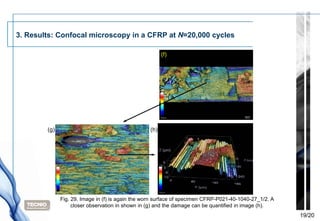 3. Results: Confocal microscopy in a CFRP at N=20,000 cycles

                                                        (f)




        (g)                                       (h)




              Fig. 29. Image in (f) is again the worn surface of specimen CFRP-P021-40-1040-27_1/2. A
                   closer observation in shown in (g) and the damage can be quantified in image (h).
                                                                                                        19/20
 
