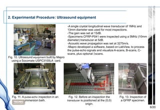 2. Experimental Procedure: Ultrasound equipment

                                               -A single crystal longitudinal wave transducer of 1MHz and
                                               13mm diameter was used for most inspections.
                                               -The gain was set at 15dB.
                                               -Specimens CFRP-P041 were inspected using a 5MHz (10mm
                                               diameter) transducer at 5dB.
                                               -Acoustic wave propagation was set at 3275m/s.
                                               -Mapro developed a software, based on LabView, to process
                                               the pulse-echo signals and visualize A-scans, B-scans, C-
                                               scans, plus optional ∫-scans.
Fig. 10. Ultrasound equipment built by Mapro
   using a Socomate USPC3100LA card.




                                                                                Y (Index)
                                                                     X (scan)

  Fig. 11. A pulse-echo inspection in an         Fig. 12. Before an inspection the          Fig. 13. Inspection of
             immersion bath.                   transducer is positioned at the (0,0)         a GFRP specimen.
                                                              origin.
                                                                                                                     6/20
 