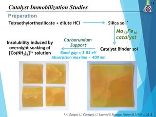 Catalyst Immobilization Studies
Preparation
Tetraethylorthosilicate + dilute HCl Silica sol *
Catalyst Binder sol
Mo72Fe30...