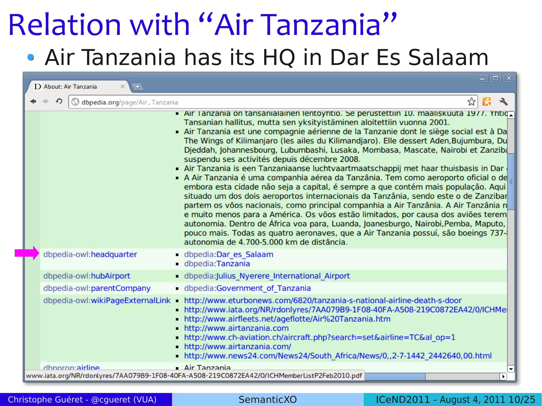 Relation with “Air Tanzania”
        Air Tanzania has its HQ in Dar Es Salaam




Christophe Guéret - @cgueret (VUA)   SemanticXO   ICeND2011 - August 4, 2011 10/25
 