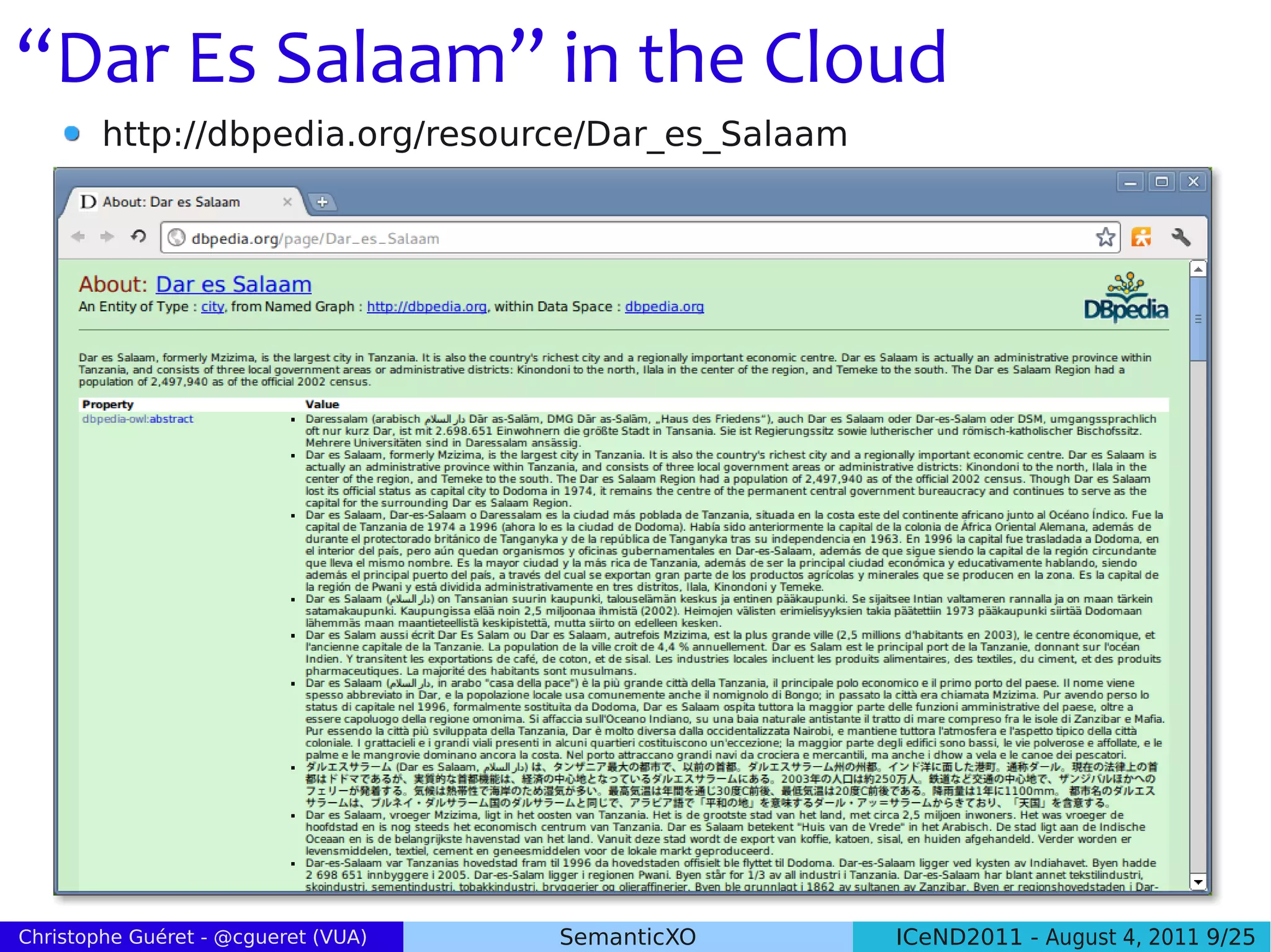 “Dar Es Salaam” in the Cloud
        http://dbpedia.org/resource/Dar_es_Salaam




Christophe Guéret - @cgueret (VUA)   SemanticXO     ICeND2011 - August 4, 2011 9/25
 