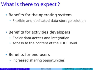 What is there to expect ?
         Benefits for the operating system
               Flexible and dedicated data storage solution


         Benefits for activities developers
               Easier data access and integration
               Access to the content of the LOD Cloud


         Benefits for end users
               Increased sharing opportunities

Christophe Guéret - @cgueret (VUA)   SemanticXO   ICeND2011 - August 4, 2011 17/25
 