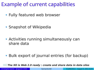 Example of current capabilities
         Fully featured web browser


         Snapshot of Wikipedia


         Activities running simultaneously can
         share data


         Bulk export of journal entries (for backup)

        The XO is Web 2.0 ready : create and share data in data silos
Christophe Guéret - @cgueret (VUA)   SemanticXO    ICeND2011 - August 4, 2011 6/25
 