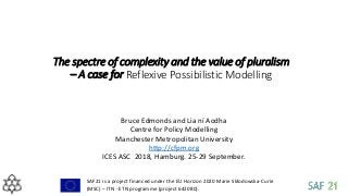The spectre of complexity and the value of pluralism
– A case for Reflexive Possibilistic Modelling
Bruce Edmonds and Lia ní Aodha
Centre for Policy Modelling
Manchester Metropolitan University
http://cfpm.org
ICES ASC 2018, Hamburg. 25-29 September.
SAF21 is a project financed under the EU Horizon 2020 Marie Skłodowska-Curie
(MSC) – ITN - ETN programme (project 642080).
 