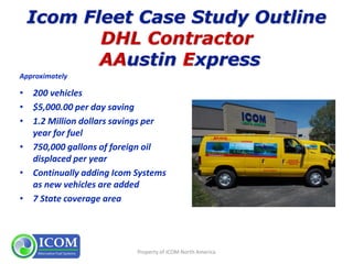 • 200 vehicles
• $5,000.00 per day saving
• 1.2 Million dollars savings per
year for fuel
• 750,000 gallons of foreign oil
displaced per year
• Continually adding Icom Systems
as new vehicles are added
• 7 State coverage area
Property of ICOM North America
Approximately
 