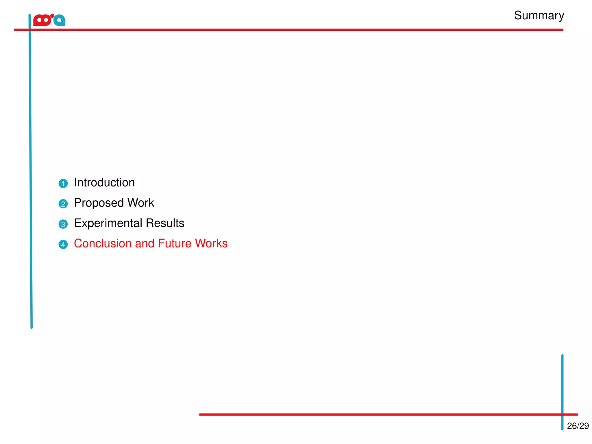 Summary
26/29
1 Introduction
2 Proposed Work
3 Experimental Results
4 Conclusion and Future Works
 
