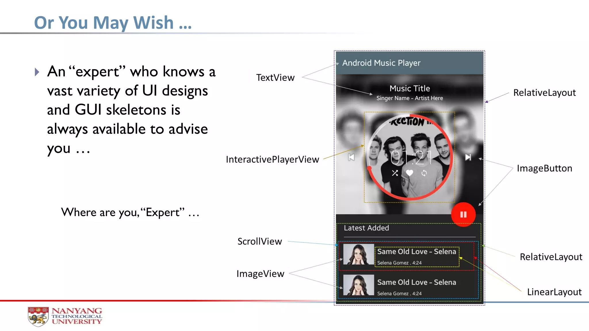  An “expert” who knows a
vast variety of UI designs
and GUI skeletons is
always available to advise
you …
Where are you,“Expert” …
Or You May Wish …
 