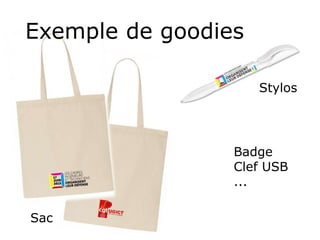 Sac
Stylos
Badge
Clef USB
...
Exemple de goodies