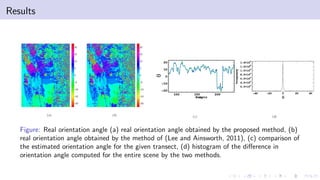 Results
Figure: Real orientation angle (a) real orientation angle obtained by the proposed method, (b)
real orientation angle obtained by the method of (Lee and Ainsworth, 2011), (c) comparison of
the estimated orientation angle for the given transect, (d) histogram of the diﬀerence in
orientation angle computed for the entire scene by the two methods.
 