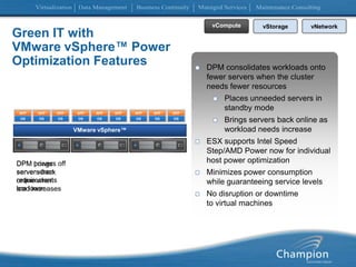 Changed script and slideGreen IT withVMware vSphere™ Power Optimization FeaturesDPM consolidates workloads onto fewer servers when the cluster needs fewer resourcesPlaces unneeded servers in standby modeBrings servers back online as workload needs increase ESX supports Intel Speed Step/AMD Power now for individual host power optimizationMinimizes power consumption while guaranteeing service levelsNo disruption or downtime to virtual machinesAPPAPPAPPAPPAPPAPPAPPAPPAPPOSOSOSOSOSOSOSOSOSvComputevStoragevNetworkVMware vSphere™DPM powers off server when requirements are lowerDPM brings servers back online when load increases