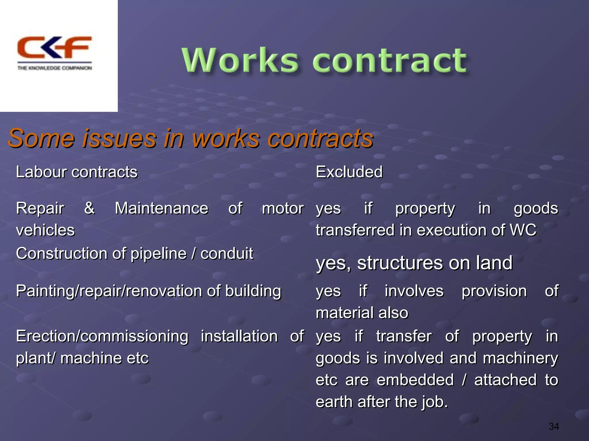 Some issues in works contracts
Labour contracts                         Excluded

Repair & Maintenance of motor yes if property in goods
vehicles                           transferred in execution of WC
Construction of pipeline / conduit
                                         yes, structures on land
Painting/repair/renovation of building yes if involves provision of
                                       material also
Erection/commissioning installation of yes if transfer of property in
plant/ machine etc                     goods is involved and machinery
                                       etc are embedded / attached to
                                       earth after the job.
                                                                    34
 