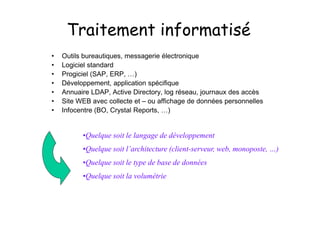 Traitement informatisé
•   Outils bureautiques, messagerie électronique
•   Logiciel standard
•   Progiciel (SAP, ERP, …)
•   Développement, application spécifique
•   Annuaire LDAP, Active Directory, log réseau, journaux des accès
•   Site WEB avec collecte et – ou affichage de données personnelles
•   Infocentre (BO, Crystal Reports, …)


          •Quelque soit le langage de développement
          •Quelque soit l’architecture (client-serveur, web, monoposte, …)
          •Quelque soit le type de base de données
          •Quelque soit la volumétrie
 