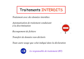 Traitements INTERDITS
Traitement avec des données interdites

Automatisation de traitement conduisant
à la discrimination

Recoupement de fichiers

Transfert de données non déclarés

Toute autre usage que celui indiqué dans la déclaration


                 Le responsable de traitement (RT)
 