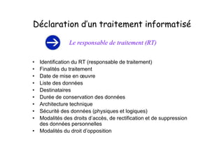 Déclaration d’un traitement informatisé

               Le responsable de traitement (RT)

• Identification du RT (responsable de traitement)
• Finalités du traitement
• Date de mise en œuvre
• Liste des données
• Destinataires
• Durée de conservation des données
• Architecture technique
• Sécurité des données (physiques et logiques)
• Modalités des droits d’accès, de rectification et de suppression
  des données personnelles
• Modalités du droit d’opposition
 
