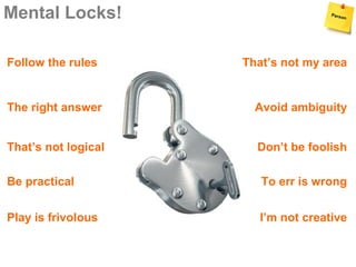 Mental Locks!

Follow the rules     That’s not my area


The right answer       Avoid ambiguity


That’s not logical     Don’t be foolish

Be practical            To err is wrong


Play is frivolous       I’m not creative
 