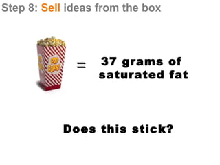 Step 8: Sell ideas from the box



                  37 grams of
                  saturated fat



           Does this stick?
 